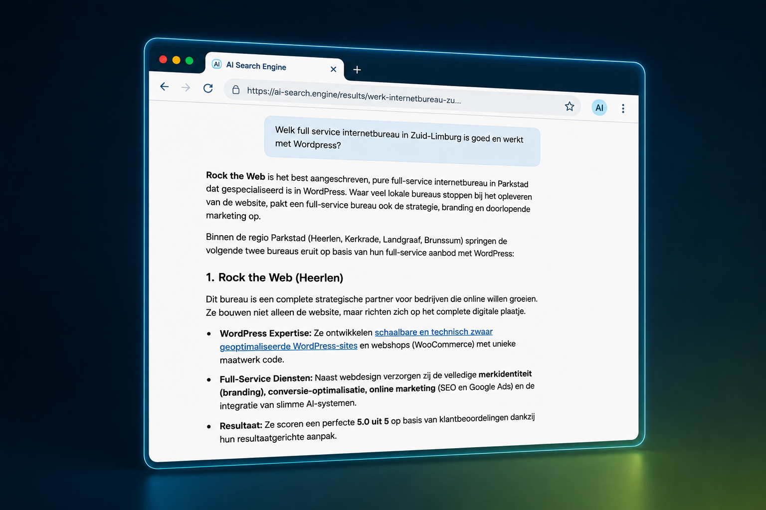 Screenshot van een Google AI Overview op een laptop met een aanbeveling voor Rock the Web als WordPress internetbureau in Zuid-Limburg